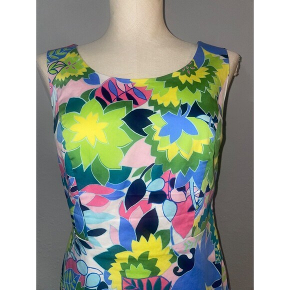 Talbots Stretch Cotton Floral Sheath Dress size 2 Scoop Neck Ruffle Hem - Picture 2 of 9